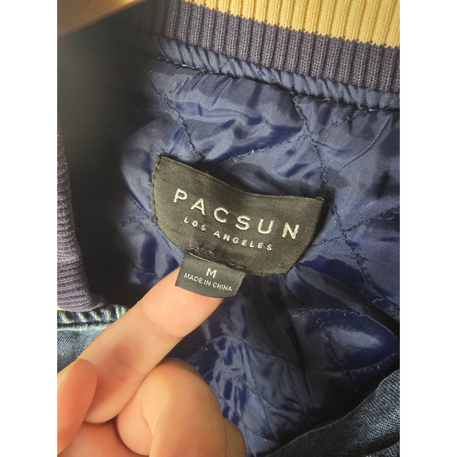Pacsun Denim Varsity Bomber Jacket Mens M Blue Cream Snap Quilted Lined — image 4 of 4